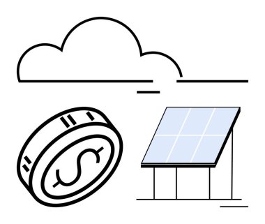 Bulut, dolar işareti ve güneş paneli olan bozuk para. Yenilenebilir enerji, sürdürülebilirlik, çevre dostu yatırımlar, yeşil teknoloji, iklim çözümleri, enerji ekonomisi ve çevre finansmanı için ideal