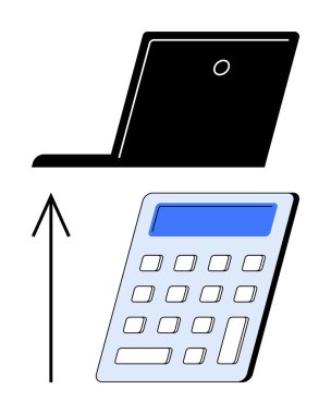 Yukarı doğru ok ile mavi ekran hesap makinesinin üstündeki basit siyah beyaz dizüstü bilgisayar. Ticari büyüme, mali başarı, teknoloji gelişimi, muhasebe, muhasebe, verimlilik için ideal