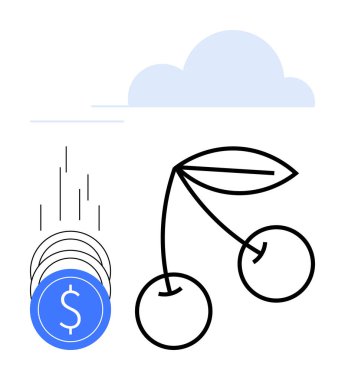 Bir dolar işareti olan mavi paralar, basit bir bulut altında stilize kirazların yanına düşüyor. Finans, ekonomi, iş büyümesi, yatırım, tarım ve başarı konuları için idealdir. Satır metaforu