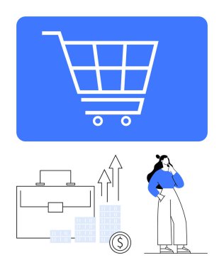 Alışveriş arabası, iş çantası, yükselen bar çizelgesi ve düşünceli bir kadın. E-ticaret, iş büyümesi, çevrimiçi perakende, mali başarı, piyasa analizi ekonomik eğilimler ve stratejik eğilimler için ideal