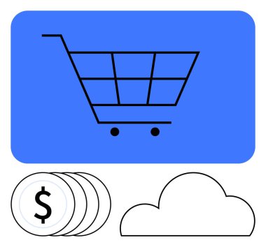 Mavi arka planda alışveriş arabası sembolü dolar işaretli para desteleri ve bulut çizgisi. E-ticaret, çevrimiçi alışveriş, dijital ödemeler, bulut hizmetleri, finans teknolojisi, perakende satış