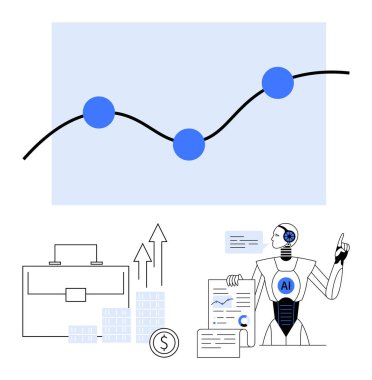 Yapay zeka robotu verileri, bavulu, üç noktalı finansal büyüme grafiğini, yükselen okları ve para destelerini gösteriyor. Finans, teknoloji, iş büyümesi, yapay zeka yenilik yatırım verileri için ideal