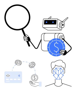 Bir dolarlık madeni parayı inceleyen, dijital ödeme işlemlerini yapan ve tanınan bir robot. AI fintech endüstrileri, dijital güvenlik, ödeme işleme ve finansal analiz için ideal
