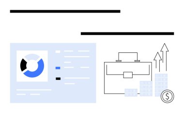 Bir evrak çantası, finansal tablolar ve kar sembollerinin yanında veri görselleştirmesi gösteren bir panel. İş analizi, kurumsal büyüme, strateji planlaması, finansal sunumlar için ideal