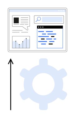 Arama çubuğu grafik sohbet baloncuk teçhizatı yukarı ok ile bilgisayar ekranı. Teknoloji, analitik, arama, içerik yönetimi, büyüme, strateji ve yenilik için ideal. Satır metaforu