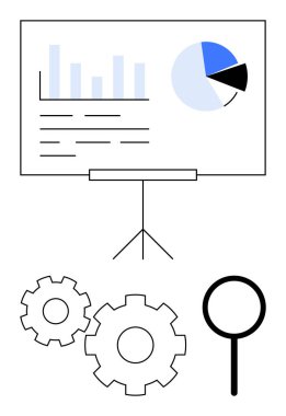 Bar çizelgesi, pasta grafiği, iki vites ve bir büyüteçle beyaz tahta. İş analizi, veri bilimi, proje yönetimi, strateji planlaması, teknoloji, araştırma ve üretkenlik için ideal