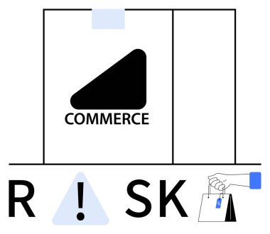 RİSK sözcüğüne gömülü uyarı sembolü olan bir el tarafından tutulan alışveriş torbası. E-ticaret, pazarlama, iş stratejisi, risk yönetimi, tüketici davranışı, çevrimiçi alışveriş için ideal