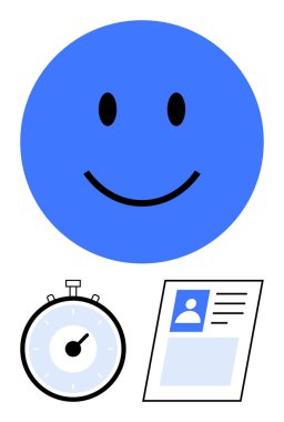 Mavi gülen surat kronometre kimlik kartı. Mutluluk, zaman yönetimi, kişisel kimlik doğrulama, hızlı doğrulama, dakiklik, duygusal refah ve güvenlik konuları için idealdir. Satır metaforu