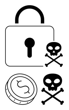 Asma kilit sembolü, kafatası ve çapraz kemik simgeleri ve dolar işareti olan bir madeni parayı temsil ediyor. Siber güvenlik için ideal, çevrimiçi güvenlik, fidye, finansal güvenlik, siber suç, hackleme