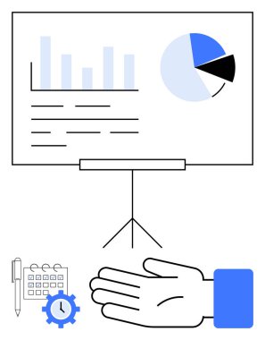 Çubuk grafik, pasta tablosu, projektör standındaki notlar, el hareketi, kalemli takvim, saatli çark. İş sunumları, veri analizi, strateji zaman yönetimi için ideal