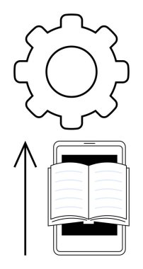 Büyük teçhizat, tablet ekranda açık kitap ve yukarı doğru ok dijital ilerlemeyi ve öğrenmeyi sembolize ediyor. Eğitim, teknoloji, dijital hale getirme, e-öğrenme, ilerleme ve yenilik için ideal