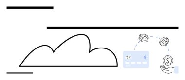 Kredi kartı, bozuk para ve dijital işlemleri sembolize eden bir el simgesine bağlı bir bulut resmi. Finans, teknoloji, iş, e-ticaret, bulut hizmetleri çevrimiçi ödemeler ve bankacılık için ideal. Çizgi