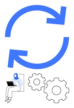 İki vites ve mavi okların yanında dizüstü bilgisayar kullanan bir adam. Otomasyon, iş akışı yönetimi, sürekli iyileşme, sistem süreçleri, üretkenlik, teknoloji entegrasyonu, yazılım için ideal