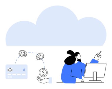 Masaüstü bilgisayarında çalışan iş kadını bulutu işaret ediyor. Elin yanındaki kredi kartı ve paralar mali işlemleri sembolize ediyor. Finans, bulut hesaplama, e-ticaret, çevrimiçi bankacılık için ideal