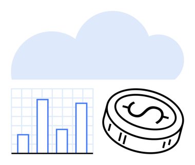 Çubuk üzerindeki bulut ve madeni para bulut hesaplama, veri analizi ve finansal büyümeyi akla getiriyor. Finans, iş, teknoloji, girişim, yönetim yatırımı, bulut hesaplama için idealdir. Satır metaforu