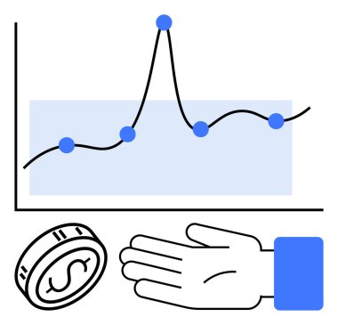 Mavi veri noktaları olan bir çizgi grafiği, bir el alımı ya da sunum ve bir para. Finans, yatırım, analitik, iş büyümesi, ekonomik trendler ticaret ve istatistik için idealdir. Satır metaforu