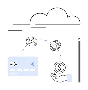 Kredi kartı, madeni para ve açık el işlemleri simgeler ve bir bulut altında tasarruf. Finans, e-ticaret, bankacılık, fintech, perakende çevrimiçi ödemeler için ideal. Satır metaforu