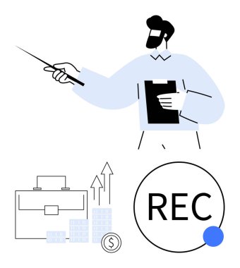 İş adamı pano tutuyor ve sopayla işaret ediyor. Yükselen grafikli çanta, para desteleri ve REC tuşu. Sunumlar, satışlar, toplantılar, finans, iş büyüme eğitimi için ideal