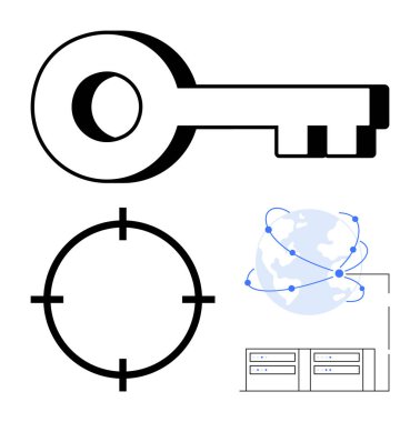 Dijital anahtar, hedef kesişim noktası, düğümlü küresel ağ ve sunucu yığınları siber güvenlikteki korumayı, hassasiyeti, bağlantıyı ve veri yönetimini sembolize ediyor. Teknoloji ve ağ güvenlik verileri için ideal