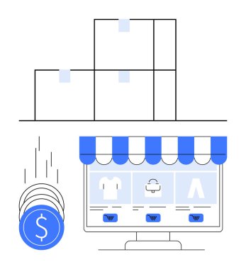 E-ticaret mağazası vitrininde bilgisayar monitöründe mavi ve beyaz tente altında paketler ve para akışları ve ödeme süreçlerini gösteren madeni paralarla sergileniyor. Çevrimiçi alışveriş ve perakende için ideal