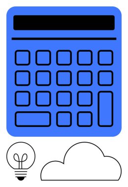 Detaylı tuş takımlı mavi hesap makinesi, fikirleri simgeleyen bir ampul ve bir bulut. Finans, teknoloji, eğitim, yenilik, iş planlama dijital araçları için idealdir. Satır metaforu