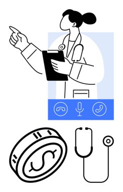 Doktor elinde bir not panosu, altında da tele sağlık simgeleri tutarken işaret ediyor. Steteskop ve tıbbi hizmet maliyetini vurgulayan dolar parası. Teletıp, sağlık, danışmanlık, sanal