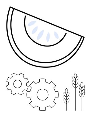 Tohumlu yarım meyve, iki vites ve üç buğday sapı. Çiftçilik, teknoloji, yenilik, organik üretim, tarımsal çözümler, gıda işleme uygulamaları için ideal