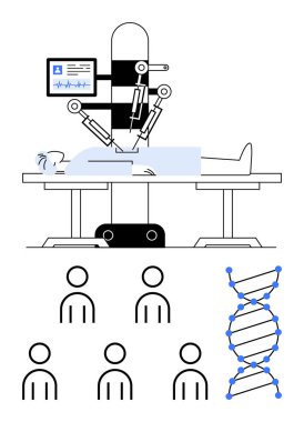 Hasta bilgisayar ekranında çalışan robot tıbbi cihaz çift sarmal DNA ve sekiz insan figürü. Sağlık, teknoloji, genetik, araştırma, yenilik, bilim, robot bilimi için idealdir. Çizgi