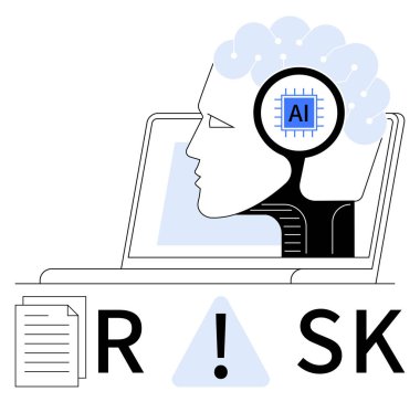 İnsan kafasındaki yapay zeka sunumu, dizüstü bilgisayar ve belgelerle bütünleşik, yapay zeka ile ilgili riskleri vurguluyor. AI, teknoloji, siber güvenlik, yenilik, veri bilimi, makine öğrenimi ve risk için ideal