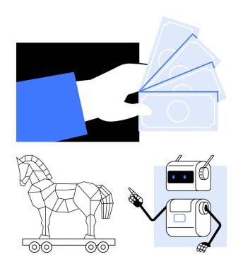 El parayı robot figürüne çevirir, ve geometrik Truva atı tekerlekler üzerinde durur. Siber güvenlik, yapay zeka, finans, teknoloji, dolandırıcılık, modern tehditler, dijital işlemler için ideal. Çizgi