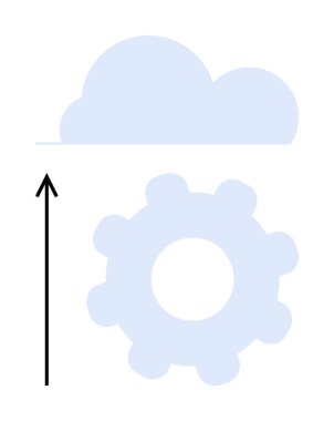 Yükselen okla bulutların altında vites. Teknoloji, yenilik, ilerleme, bulut hesaplama, sistem güncellemesi, dijital dönüşüm, gelecekteki büyüme için ideal. Satır metaforu