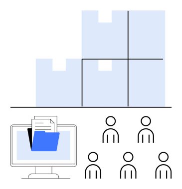 Dizinleri, soyut blokları olan bilgisayar ve takım simgeleri organizasyon, takım çalışması ve kaynak yönetimini temsil ediyor. İş süreçleri, dijital depolama, ofis iş akışı ve işbirliği için ideal
