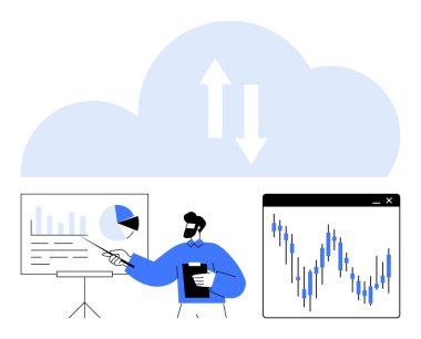 İşletme analisti bar grafik ve pasta grafikleriyle finansal tabloları sunuyor, yukarı-aşağı oklarla bulut, trend grafiği. Veri analizi, finans, bulut hesaplama, sunumlar, iş stratejisi için ideal