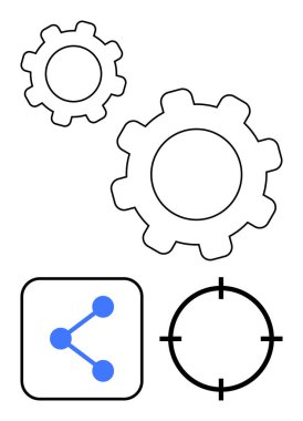 Large and small gears, blue share symbol inside a square, and a black target icon. Ideal for technology, network, mechanics, app sharing, focus engineering and teamwork. Line metaphor clipart