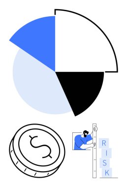 Turta grafiği, dolar işareti olan bozuk para, istiflenmiş bloklara tırmanan adam, RISK etiketli. Mali analiz, iş planlaması, risk yönetimi, yatırım stratejileri ve ekonomi için ideal