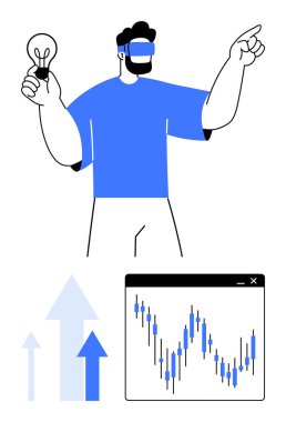 Ampulü tutan VR kulaklıklı adam aşağıda borsa grafiği ve yukarı bakan oklar var. Teknoloji, yenilik, finans, sanal gerçeklik, beyin fırtınası, hisse senedi ticareti, ilerleme için ideal