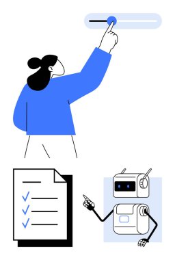 Robotun işaret ettiği ayarları ayarlayan kişi, keneli kontrol listesi. Teknoloji, yapay zeka, otomasyon, kullanıcı etkileşimi, görev yönetimi, verimlilik ve modern tasarım için ideal. Satır metaforu