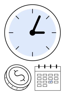 Sade elli büyük saat dolar işaretli bozuk para ve işaretli tarihli takvim. Finansal yönetim, zaman takibi, zaman çizelgesi, bütçe belirleme, atamalar verimlilik için ideal. Çizgi