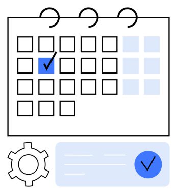 Görev yönetimi ve planlamasını gösteren işaretlenmiş mavi tarih kutusu, işaretli ve dişli simgesi olan takvim. Zamanlama, organizasyon, proje yönetimi, anımsatıcılar, süreler, zaman yönetimi için ideal