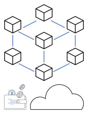 Küpler bir engelleme ağı oluşturan çizgilerle birbirine bağlandı. Cüzdanında kripto para birimi simgeleri ve altında bulut elementi var. Dijital güvenlik için ideal, engelleme zinciri teknolojisi, kripto para birimi, finans, bulut