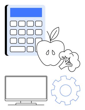 Elma, brokoli, monitör ve teçhizat yanında hesap makinesi. Sağlık yönetimi, beslenme planlaması, sağlık yaşam tarzı, teknoloji entegrasyonu, verimlilik eğitim ofisi dekorasyonu için idealdir. Denge