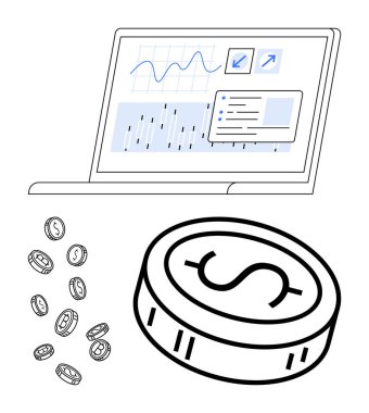 Büyük ve küçük madeni paralarla çevrili finansal grafikleri ve grafikleri gösteren dizüstü bilgisayar ekranı. Mali veri analizi, yatırım stratejileri, ekonomik büyüme, dijital para birimi, ticaret için ideal