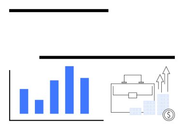 Bar graph with blue bars next to briefcase, stacked coins, small chart bars and rising arrows. Ideal for business growth, finance studies, economic forecasts, professional presentations, investment clipart