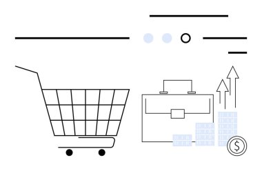 Alışveriş arabası, evrak çantası, yükselen bozuk paralar, yukarı çıkan oklar, arama çubukları ve para. E-ticaret için ideal, çevrimiçi alışveriş, iş büyümesi finansal başarı eğilimleri ekonomik eğilimler yatırım