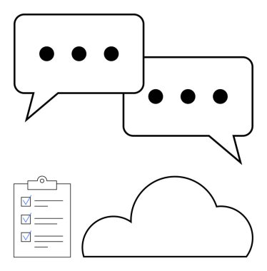 Elipsli konuşma baloncukları, panosunda keneler olan kontrol listesi ve bir bulut. İletişim, proje yönetimi, bulut hesaplama, mesajlaşma, işbirliği, üretkenlik örgütü için ideal