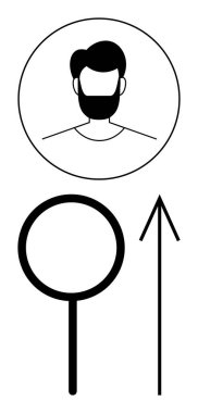 Üstte sakallı adamın dairesel profili, ortada büyük büyüteç, sağda yukarı doğru ok. Kimlik araması, araştırma, ilerleme, iş büyümesi, kişisel gelişim ve keşif için ideal