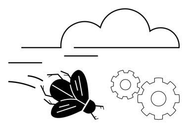 Soyut bulutların altında iki parçalanmış dişliye doğru hızla uçmak. Teknoloji, verimlilik, verimlilik, yenilik, hız, problem çözme ve beyin fırtınası için ideal. Satır metaforu