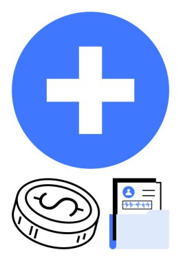 Medical cross, coin with dollar sign, folder with patient medical records. Ideal for healthcare, finance, insurance, medical billing, patient care cost efficiency health data. Line metaphor clipart