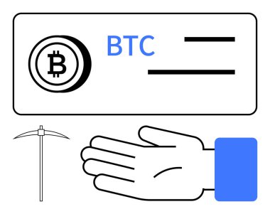 Bitcoin symbol with BTC text, pickaxe, hand, data lines. Themes cryptocurrency, blockchain, mining digital economy technology investment finance. Ideal for fintech publications. Line metaphor clipart