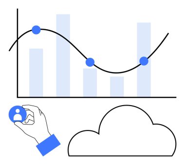 Kullanıcı simgesi seçiliyor, bar çizelgesi ve trend çizgisi ile grafik çiziliyor, ana hatlı bulut. Veri yönetimi, bulut teknolojisi, analitik, kullanıcı seçimi, iş stratejisi, teknoloji hizmetleri ağı için ideal